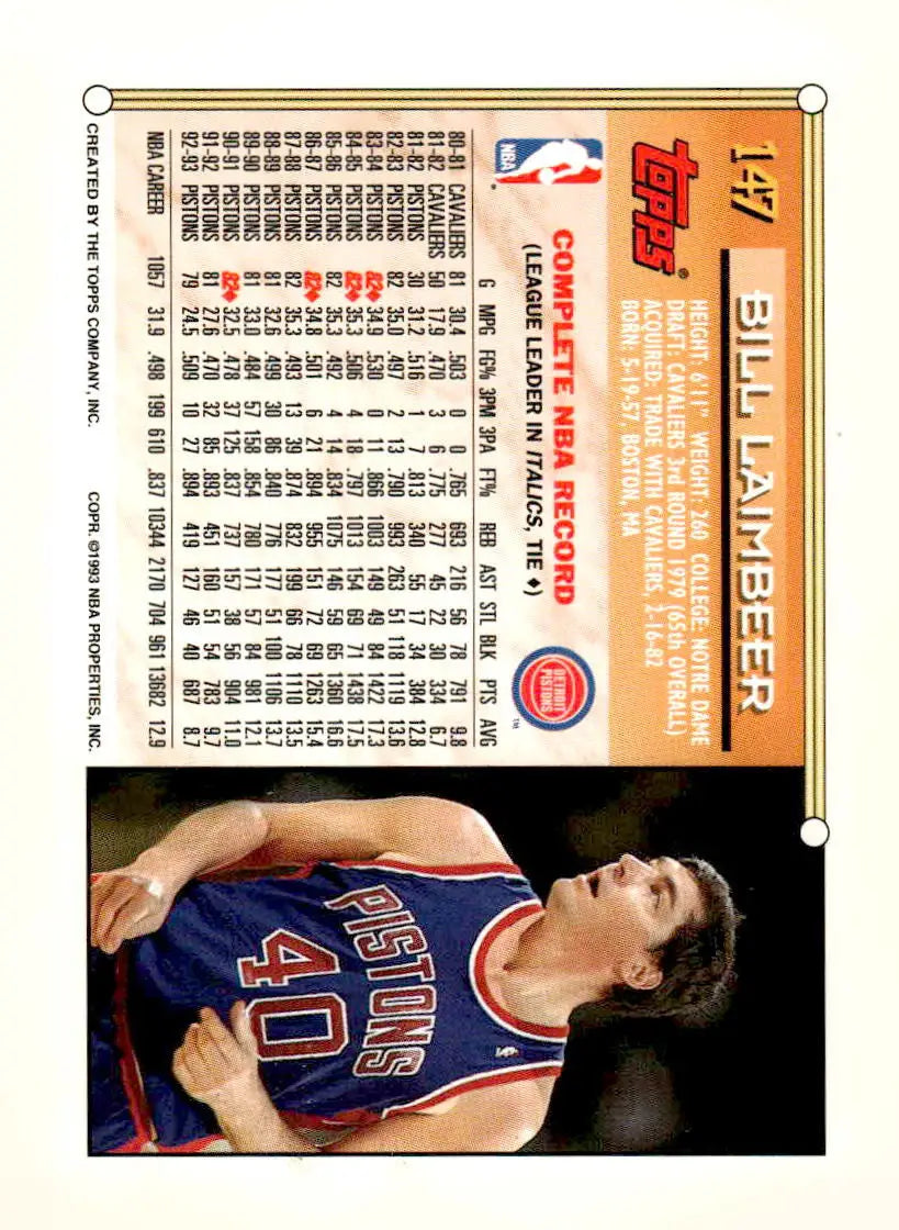 1993-94 Topps #147 Bill Laimbeer - Basketball Card Single