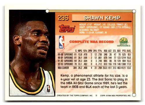 1993-94 Topps #296 Shawn Kemp NM Near Mint ID:82497 - Basketball Card Single
