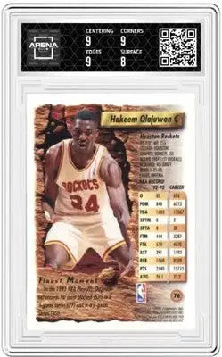 A graded Finest Hakeem Olajuwon basketball card from 1993-94 Topps Finest Hakeem collection