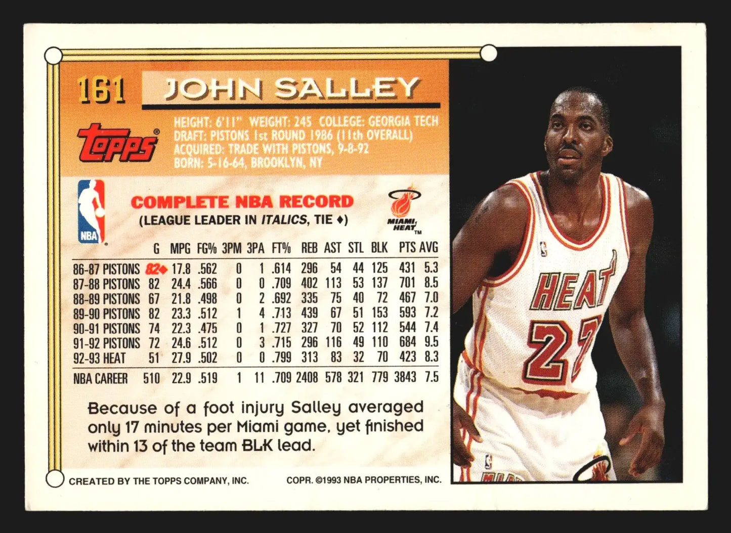 1993-94 Topps Gold #161 John Salley Miami Heat