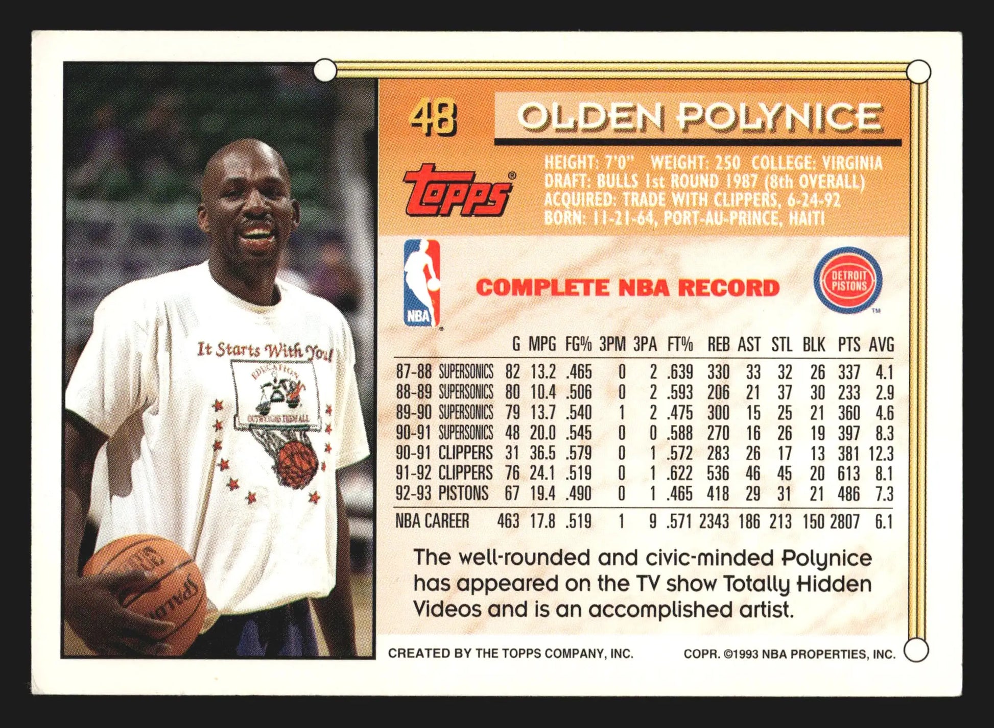 1993-94 Topps Olden Polynice #48 Detroit Pistons