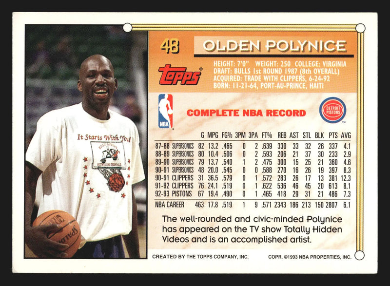 1993-94 Topps Olden Polynice #48 Detroit Pistons