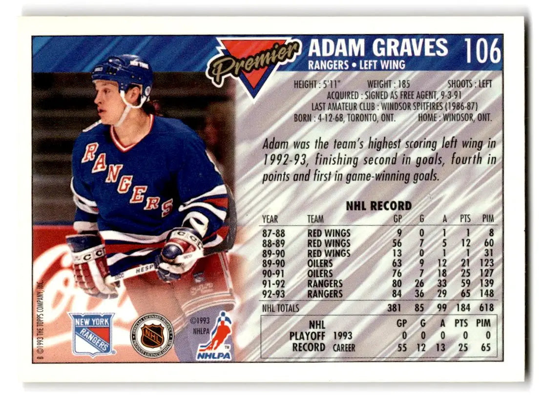 1993-94 Topps Premier #106 Adam Graves - Hockey Card Single