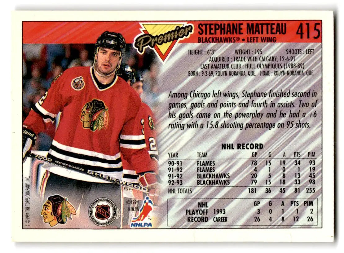 1993-94 Topps Premier #415 Stephane Matteau Gold - Hockey Card Single