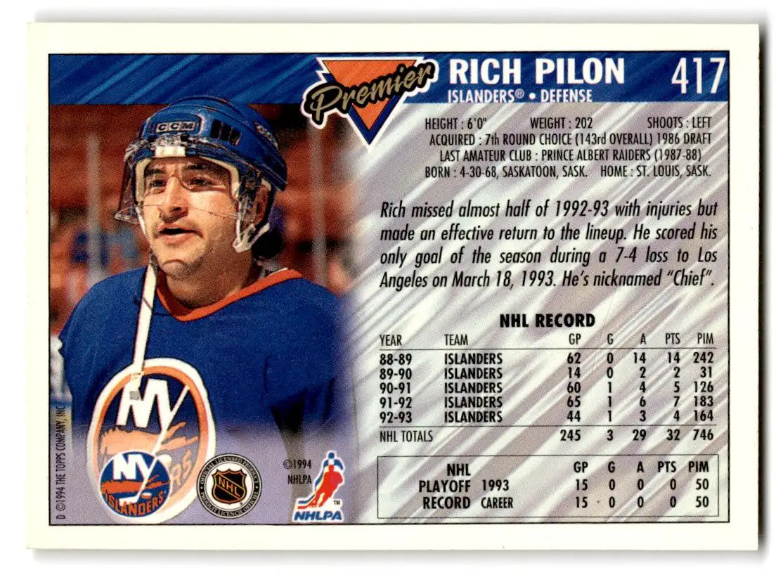 1993-94 Topps Premier #417 Rich Pilon - Hockey Card Single
