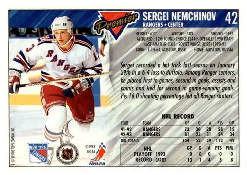 Original gloss hockey trading card featuring Sergei Nemchinov from Topps Premier 1993-94
