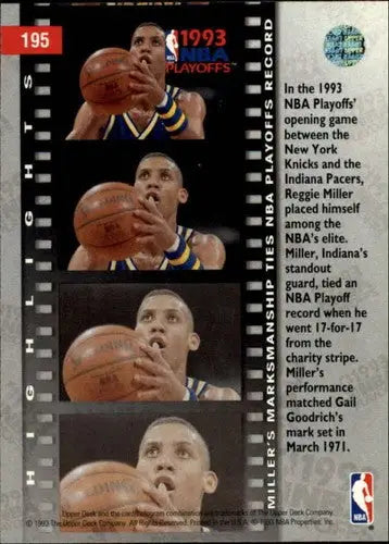 Original gloss Reggie Miller basketball card showing Miller ties playoffs from Upper Deck