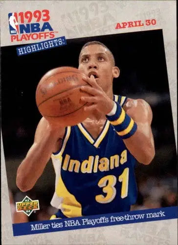 Original gloss Reggie Miller basketball card showing Miller ties playoffs from Upper Deck series