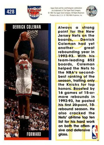 Original gloss Derrick Coleman basketball card 1993-94 Upper Deck near mint NJ Nets