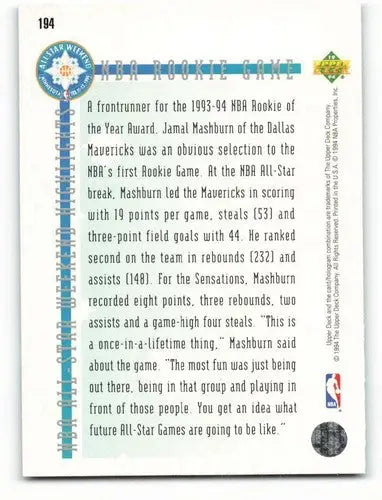 Basketball card back featuring Jamal Mashburn from 1993-94 Upper Deck Special Edition