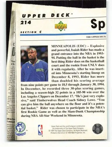 1993-94 Upper Deck Special Edition #214 Isaiah Rider NM-MT Timberwolves TH - Basketball Card Single