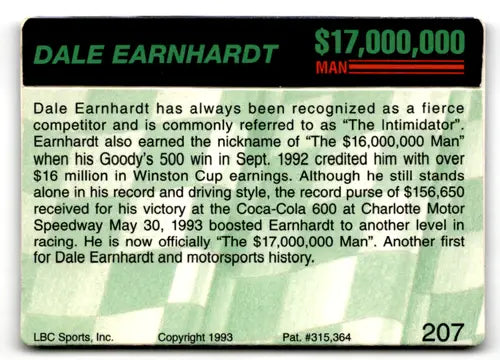 1993 Action Packed #207 Dale Earnhardt NM Near Mint ID:81302 - Racing Card Single