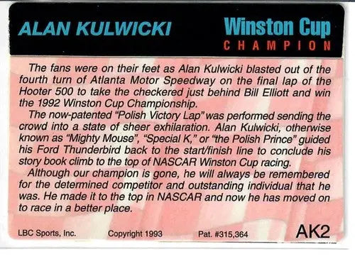 Original gloss Action Packed Alan Kulwicki Winston Cup trading card featuring alan kulwicki