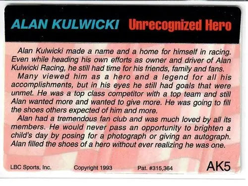 Original gloss Alan Kulwicki trading card from 1993 Action Packed Alan series