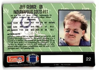 1993 Action Packed Football Jeff George #22 Indianapolis Colts - Football Card Single