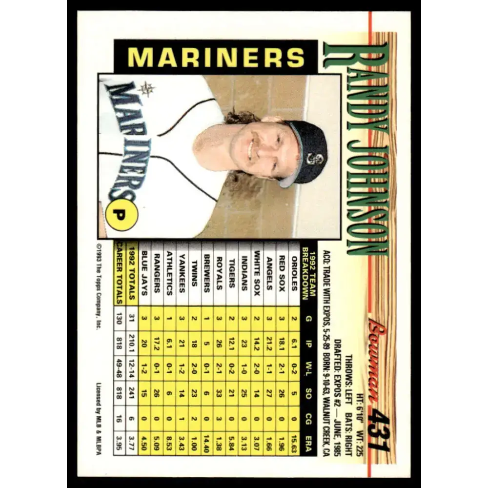 1993 Bowman #431 Randy Johnson EX/NM Seattle Mariners Baseball Card - Baseball Card Single