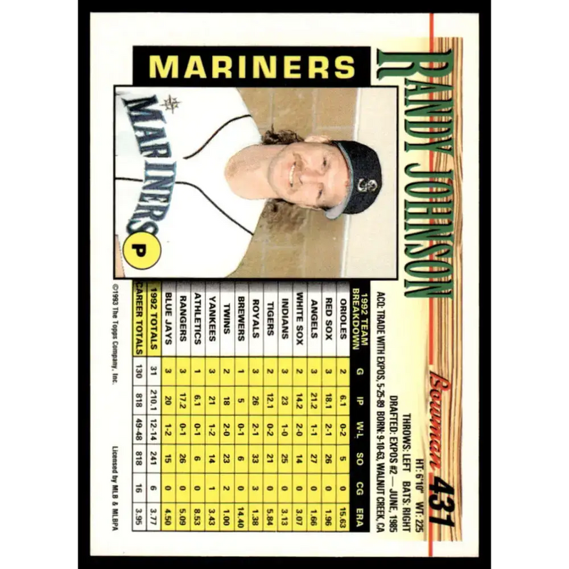 1993 Bowman #431 Randy Johnson EX/NM Seattle Mariners Baseball Card - Baseball Card Single