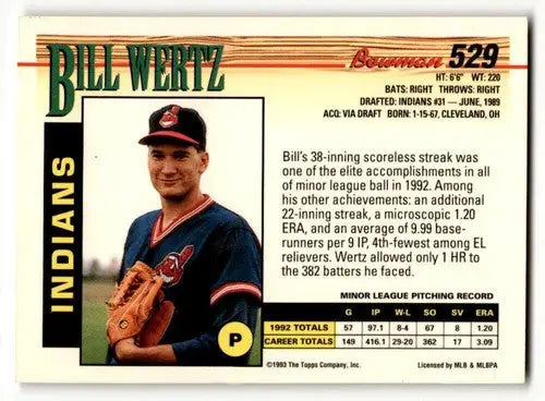 Baseball card back showing original gloss for 1993 Bowman Bill Wertz Cleveland Indians