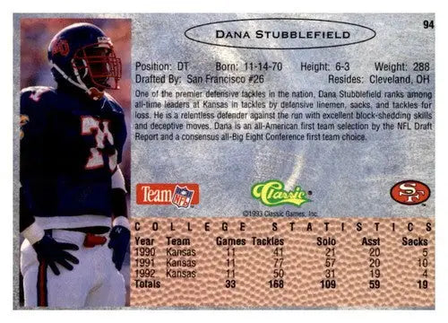 Original gloss Dana Stubblefield football card from 1993 Classic #94 Simply Sandoval