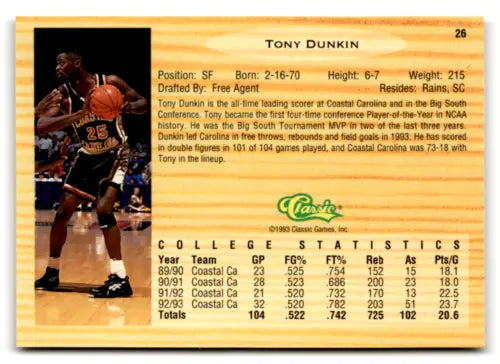 Original gloss 1993 Classic Draft Tony Dunkin basketball card with ID 76831