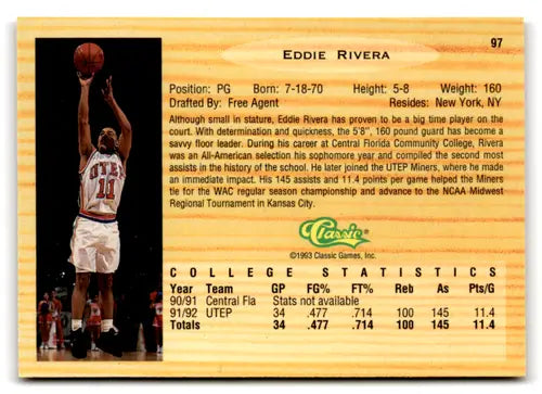 Original gloss Eddie Rivera basketball card from 1993 Classic Draft series