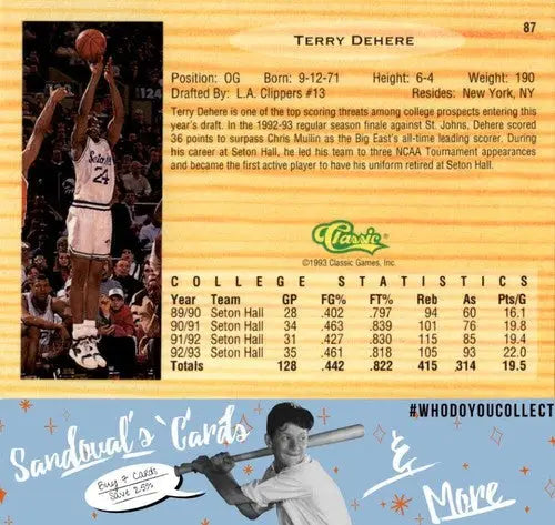 1993 Classic Draft Picks Terry Dehere basketball card in draft picks memorabilia collection