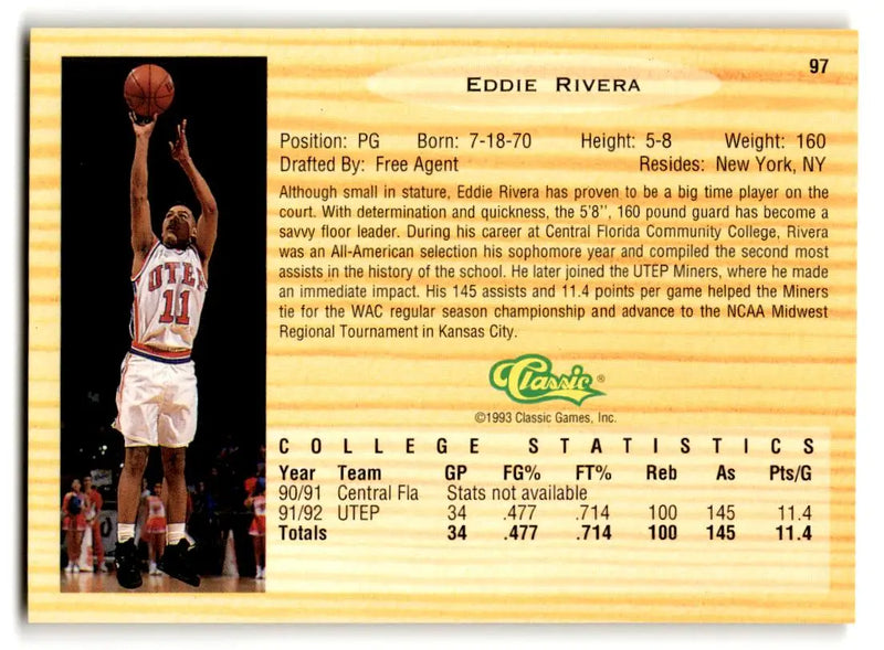 1993 Classic Draft Picks #97 Eddie Rivera - Basketball Card Single