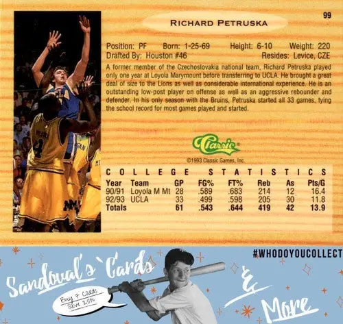 Original gloss of 1993 Classic Draft Picks Basketball Trading Card Richard Petruska