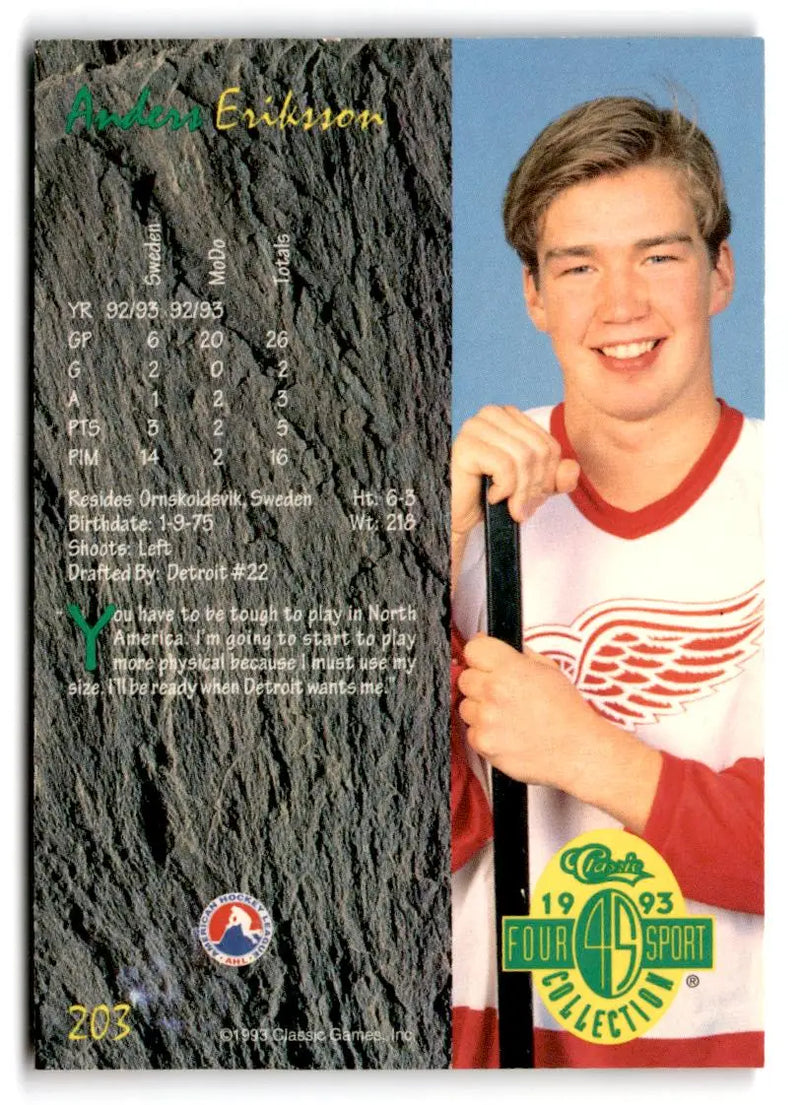 1993 Classic Four Sport #203 Anders Eriksson - Hockey Card Single