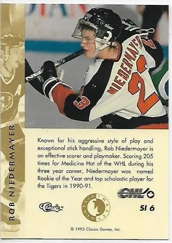 Hockey card featuring Rob Niedermayer from 1993 Classic Four Sport Images Sudden Impact