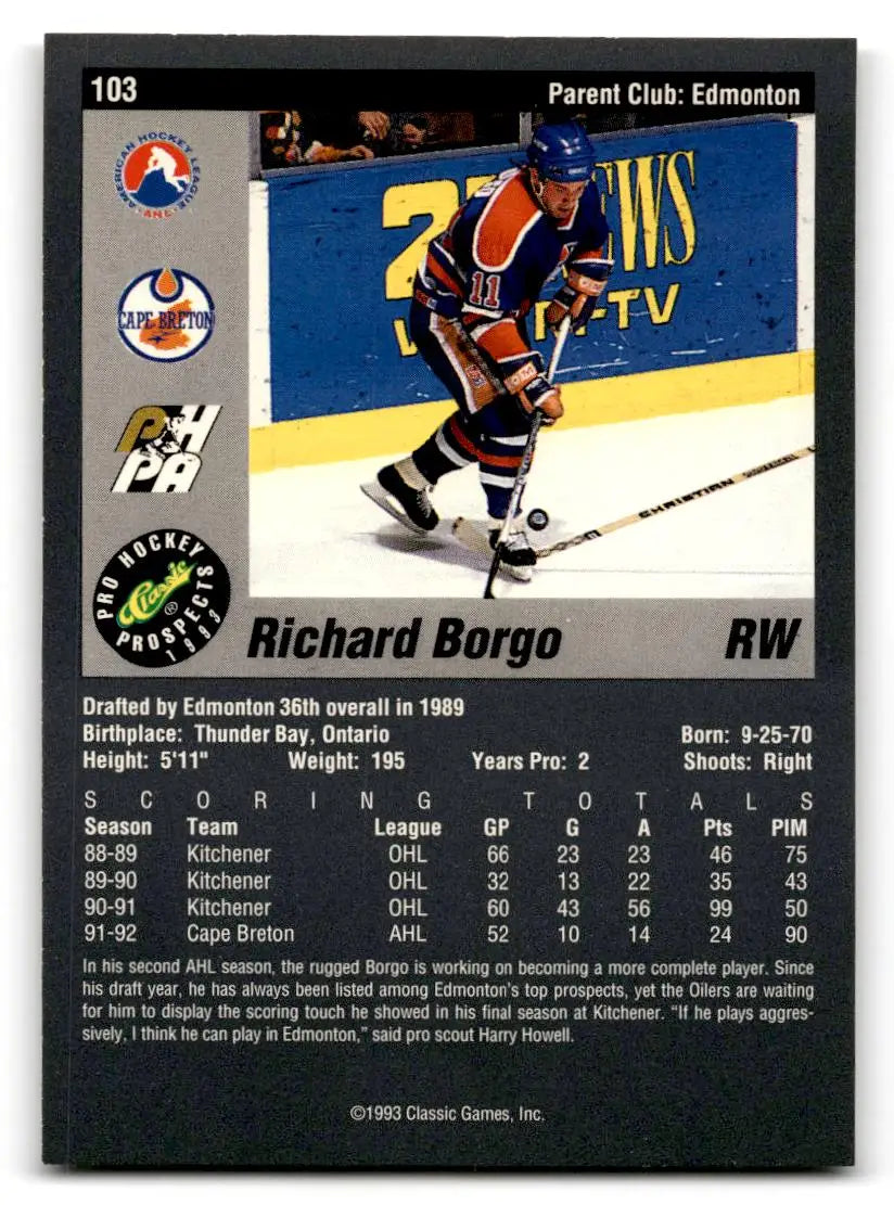 1993 Classic Pro Prospects #103 Richard Borgo - Hockey Card Single