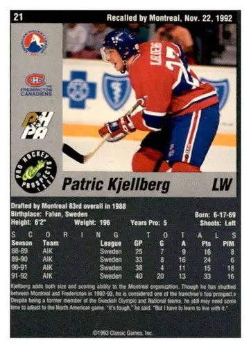 1993 Classic Pro Prospects #21 Patric Kjellberg EX/NM ID:65092 - Hockey Card Single