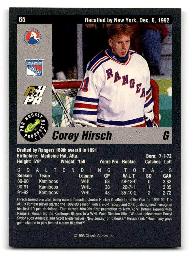 1993 Classic Pro Prospects #65 Corey Hirsch - Hockey Card Single