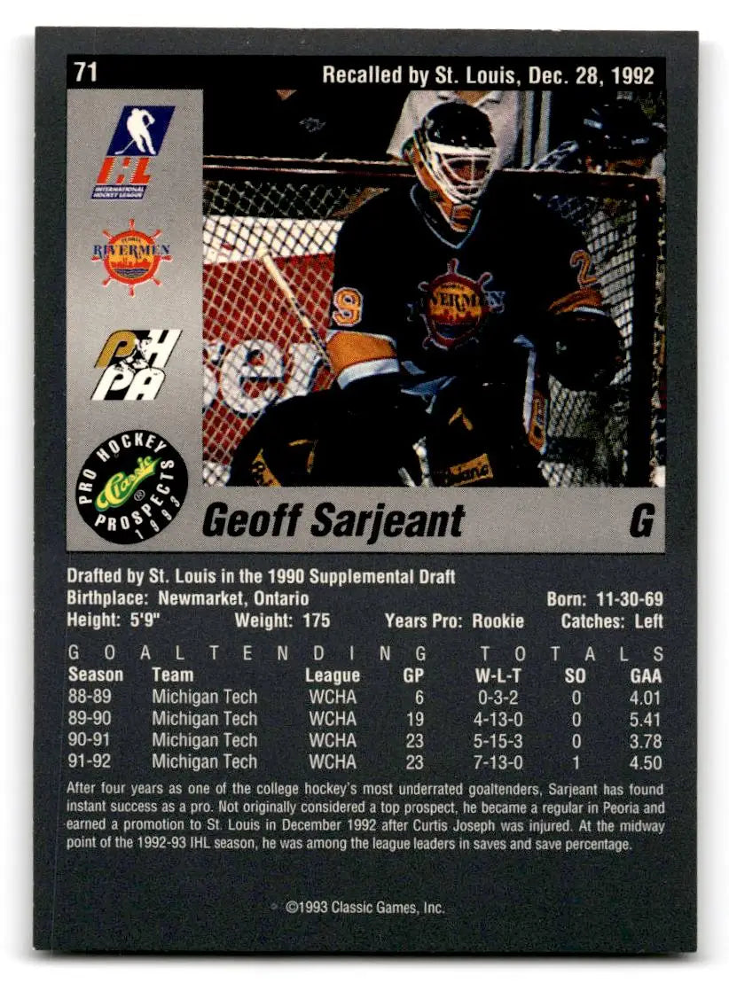 1993 Classic Pro Prospects #71 Geoff Sarjeant - Hockey Card Single