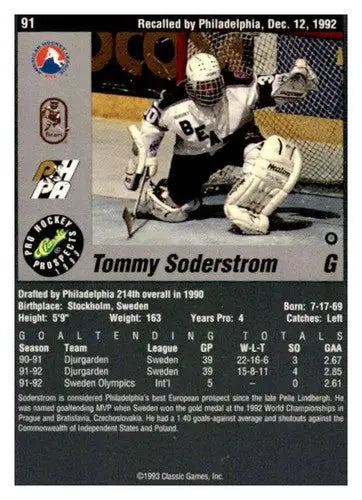 1993 Classic Pro Prospects #91 Tommy Soderstrom NM Near Mint ID:65085 - Hockey Card Single