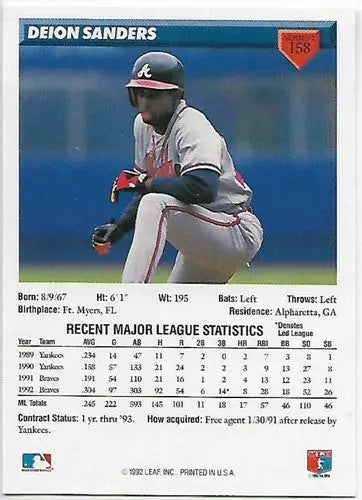 Original gloss of Deion Sanders baseball card from 1993 Donruss #158 Simply Sandoval