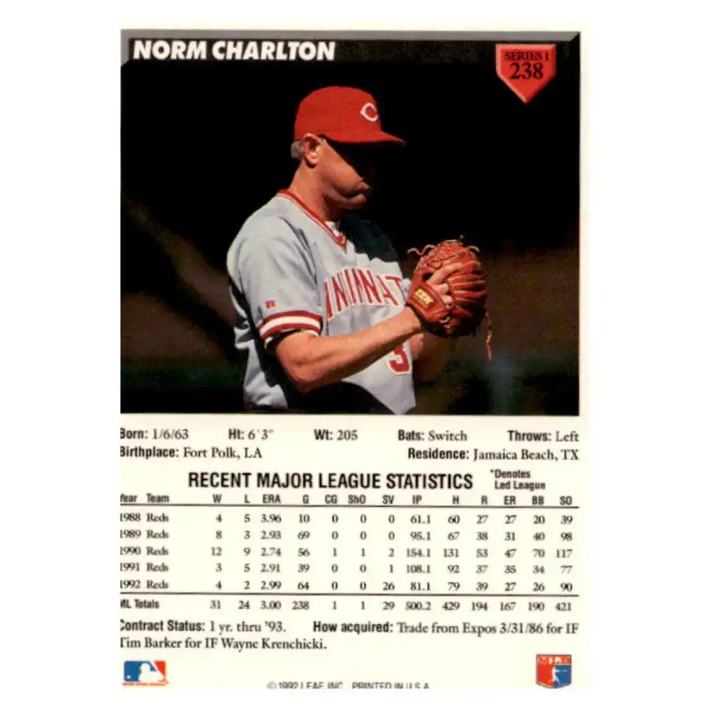 1993 Donruss #238 Norm Charlton NM-MT Cincinnati Reds Baseball Card - Baseball Card Single