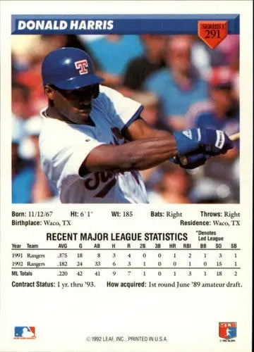 1993 Donruss #291 Donald Harris NM Near Mint Rangers - Baseball Card Single