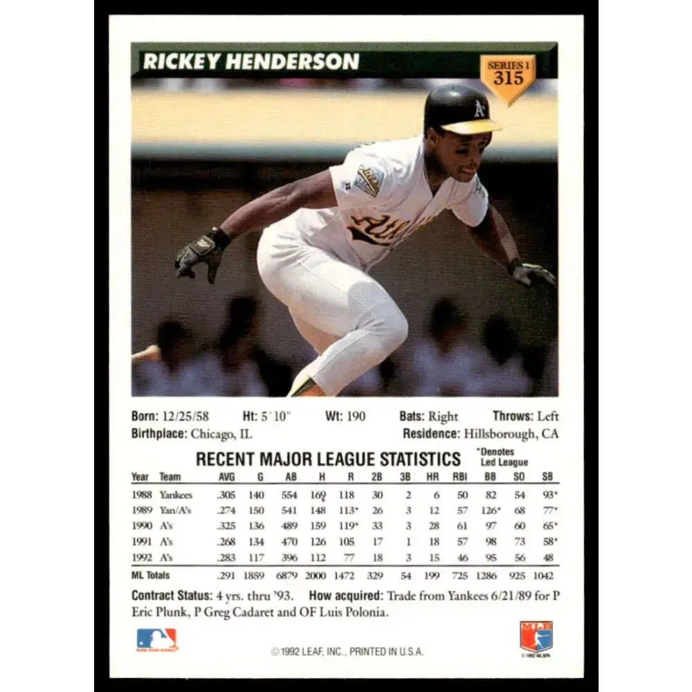 1993 Donruss #315 Rickey Henderson NM-MT Oakland Athletics Baseball Card - Baseball Card Single