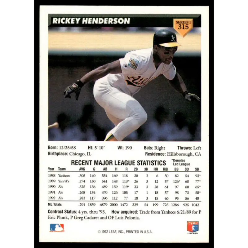 1993 Donruss #315 Rickey Henderson NM-MT Oakland Athletics Baseball Card - Baseball Card Single