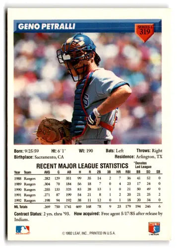 1993 Donruss Geno Petralli baseball card back with original gloss and NM-MT condition