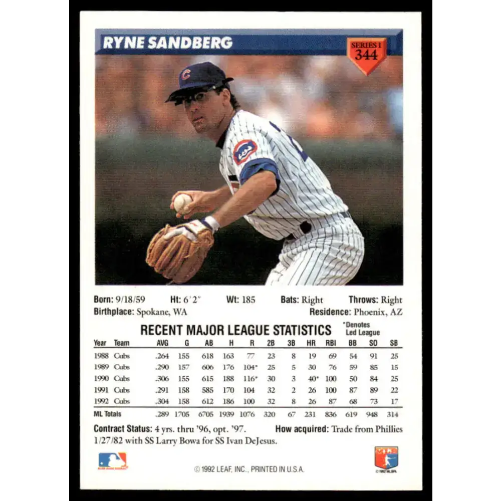1993 Donruss #344 Ryne Sandberg EX Chicago Cubs Baseball Card - Baseball Card Single