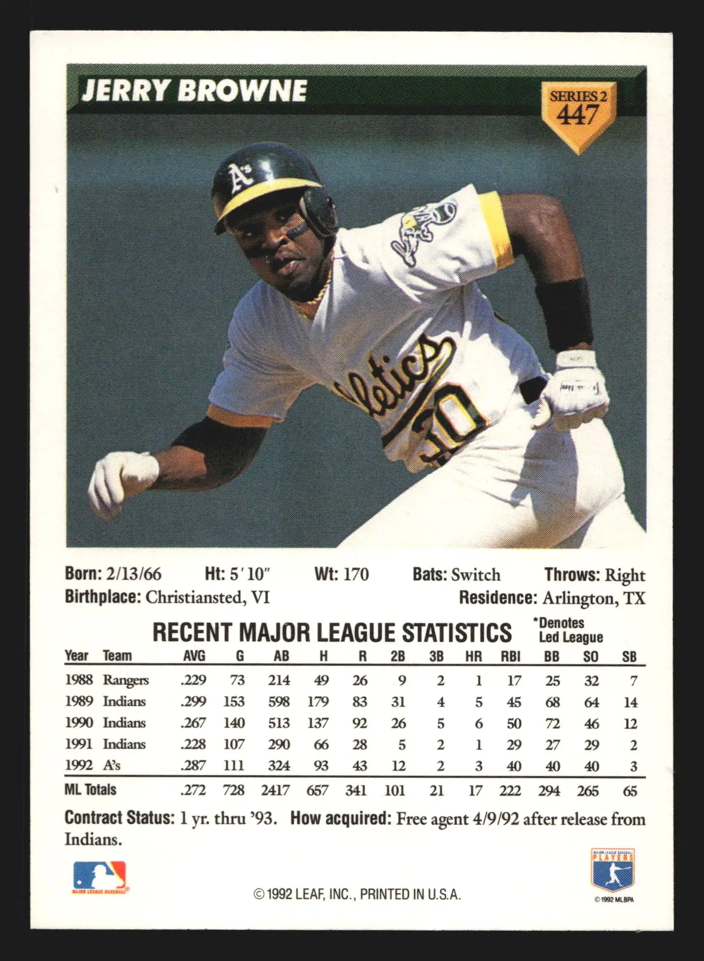1993 Donruss #447 Jerry Browne Oakland Athletics - Baseball Card Single