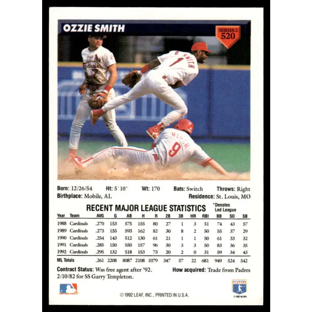 1993 Donruss #520 Ozzie Smith EX/NM St. Louis Cardinals Baseball Card - Baseball Card Single