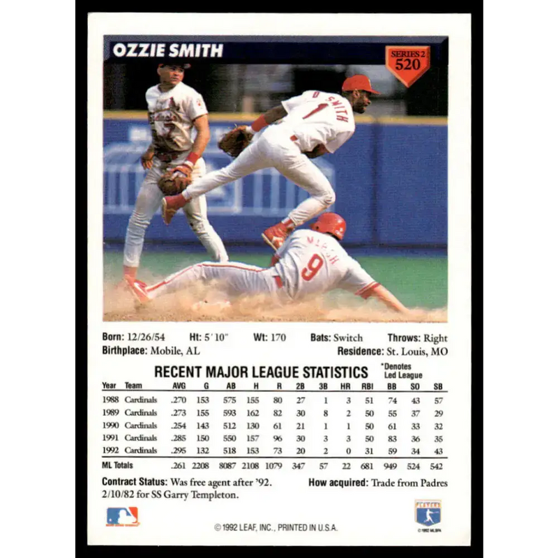 1993 Donruss #520 Ozzie Smith EX/NM St. Louis Cardinals Baseball Card - Baseball Card Single