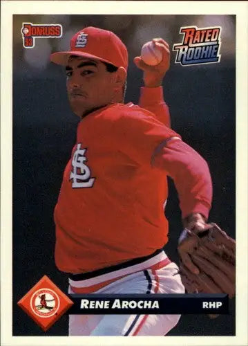 Original gloss 1993 Donruss Rene Arocha rookie baseball card featuring Rene Arocha for Cardinals
