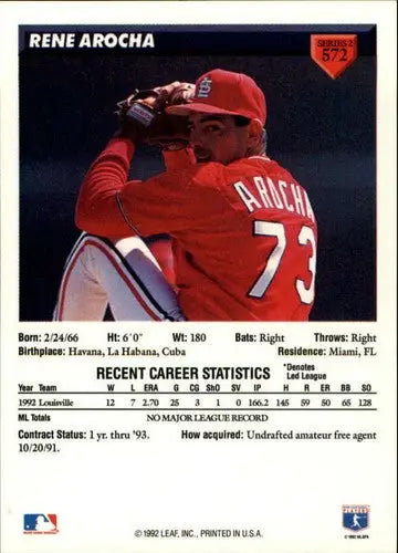 Original gloss 1993 Donruss Rene Arocha rookie card featuring Rene Arocha and Simply Sandoval