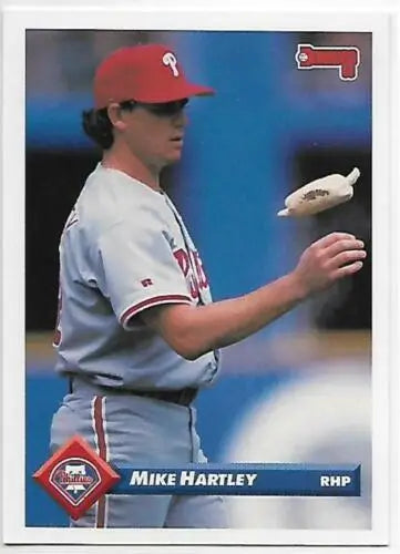Original gloss 1993 Donruss Mike Hartley baseball card showcasing Phillies team memorabilia