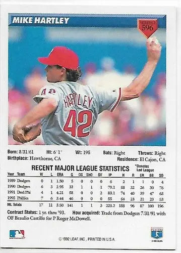 Original gloss 1993 Donruss Mike Hartley baseball card featuring Phillies team identity