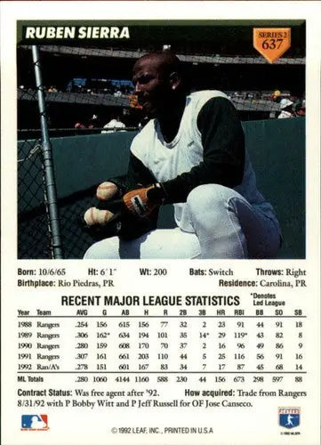 Original gloss 1993 Donruss Ruben Sierra baseball card featuring Ruben Sierra Athletics